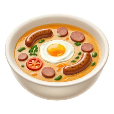 Cinematic Realistic ≈ªurek Soup Dish Emoji, depicted as a tangy, creamy rye soup with sausage and egg rendered with detailed textures and warm, comforting lighting. sticker