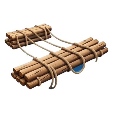showing a simple wooden raft floating on calm blue water — made of several brown logs tied together with rope — gentle ripples around it — bright, cheerful lighting and soft shadows — minimalist, clean emoji design sticker