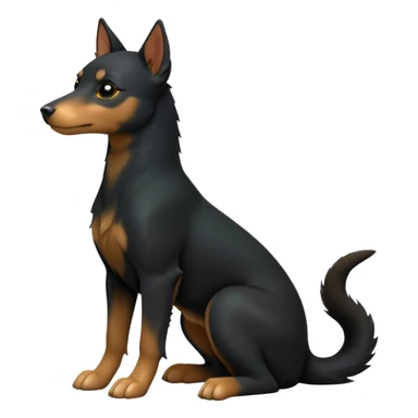 cinematic-[kelpie]-realistic-full-body-sitting-emoji,-tail-resting-loosely-beside-its-paws,-head-tilted-dramatically, -sleek-[Black and tan]-fur,-simplified-yet-realistic-focused-features,-highly-detailed,-glowing-with-an-almost-sarcastic-glow sticker