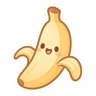 chibi sticker-style banana with a smiling face, cute and exaggerated sticker