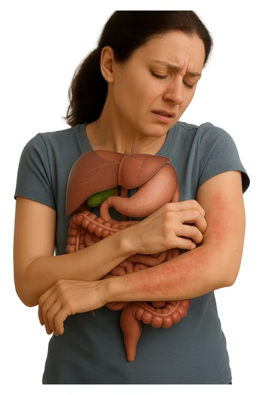 donna con intestino umano anatomico realistico che si gratta il braccio su cui ha un'eritema, iperrealistica 4k sticker