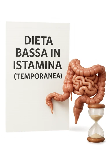 foglio di carta di una dieta con la scritta "DIETA BASSA IN ISTAMINA (TEMPORANEA), E ACCANTO CI METTI UN INTESTINO IN MINIATURA E UNA CLESSIDRA, iperrealistico 4k sticker