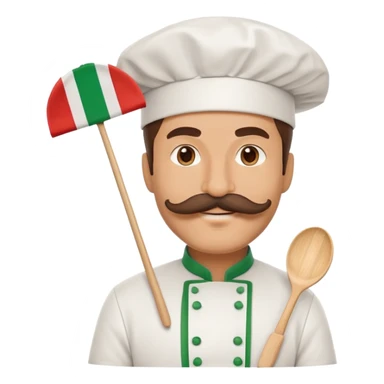 Paper fan with the design of an Italian man with a thick mustache, Italian flag colors, chef hat sticker