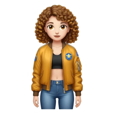 full body woman short curly brown mullet brown eyes white skin muscular build firefly bomber jacket sticker