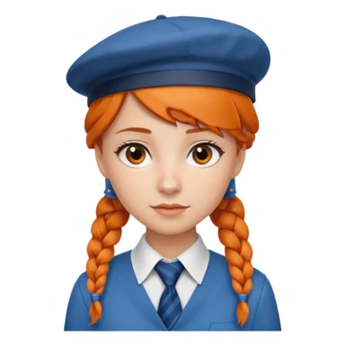 orange braided hair girl, wearing white shir, a brown berret Hat, Blue Necktie sticker