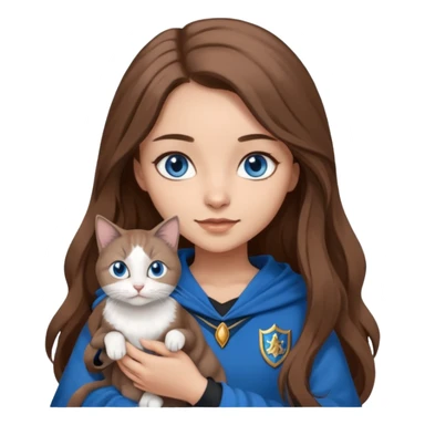 gorgeous Girl with light skin, blue eyes, long brown hair, wears a ravenclaw outfit, with a grey and white cat holding in her arms sticker