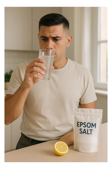 A realistic, bright photo-style image of a young man in his 30s standing in his kitchen, holding a clear glass filled with water in which Epsom salt (magnesium sulfate) has been dissolved. He looks focused but slightly uncertain as he prepares to drink it for a liver flush or digestive cleanse. The glass shows slight cloudiness from the dissolved salt. On the counter are a packet labeled 'Epsom Salt' and a sliced lemon, suggesting he might use it to mask the taste. The setting is clean, natural, and bright with neutral tones. The background shows sunlight streaming through a window, emphasizing a clean, minimalist health-focused environment. The mood conveys a realistic, calm moment of self-care with a hint of discomfort, illustrating a natural detox practice in italiano sticker