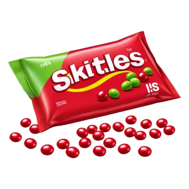 Red Skittles package with logo, the original red Skittles pack design, with only green Skittles candies spilling out sticker