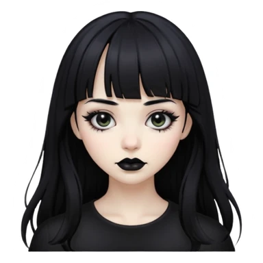 Gothic gir, black hair with bangs, slightly wavy, very long hair,long eyelashes, black eyes. sticker