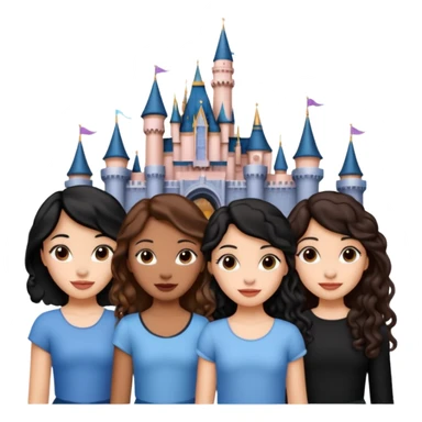 Quiero que crees una imagen donde este el castillo de Disney y por detrás o delante pon a 4 chicas: una con el pelo largo rizado marrón , otra con el pelo muy corto negro, como un chico, otra con el pelo mediano liso marrón y otra con el pelo negro largo liso  sticker