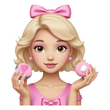 female face, light skin tone, small simple closed smile. One hand visible holding a round fluffy pink makeup powder puff pressed to the cheek; the puff has a small satin bow. sticker