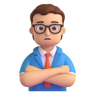 nerd with arms crossed, worried expression, 3D emoji style sticker