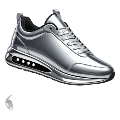 A pair of futuristic sneakers emoji made of silver chrome, sleek streetwear design, smooth metallic panels, subtle reflections, luxury swag aesthetic, iOS emoji style, centered, clean white background sticker