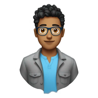 23 year old, brown man, black hair taper fade haircut, clear glasses, wide head, blue shirt sticker