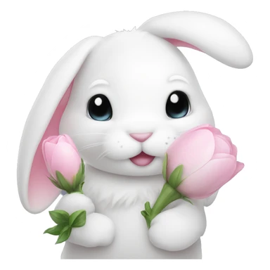 cute white bunny holding light pink pion sticker