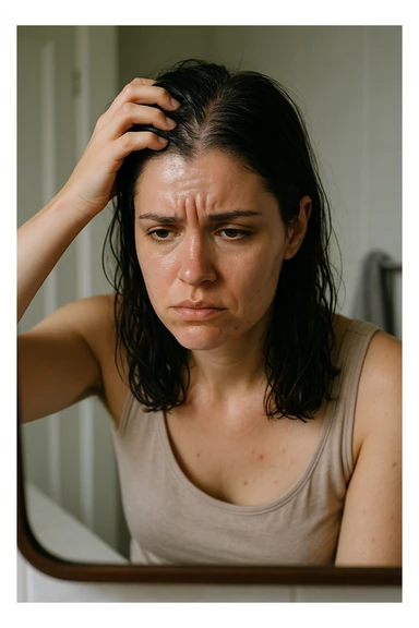A realistic, cinematic portrait of a young woman in her late 20s sitting in front of a mirror, visibly frustrated. Her skin appears oily with a shiny forehead and cheeks, while her dark hair looks greasy and clumped, suggesting excessive sebum production. She lightly touches her scalp with concern while observing her reflection. Her expression is a mix of exhaustion and discomfort, emphasizing the emotional burden of these symptoms. The bathroom setting is softly lit with neutral daylight, reflecting a realistic environment. Subtle details such as small acne spots on the jawline and chin highlight androgen-related PCOS symptoms. Style: clean, detailed, 35mm realism with soft depth of field to keep focus on her expression and the greasy hair texture, while the background remains minimal to maintain emotional impact sticker