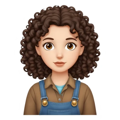 white girl with very curly dark brown hair, brown eyes, wearing farm clothes sticker