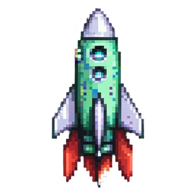 diagonal rocket flying to upper right, green body transitioning to red at the fins, pixel art style sticker