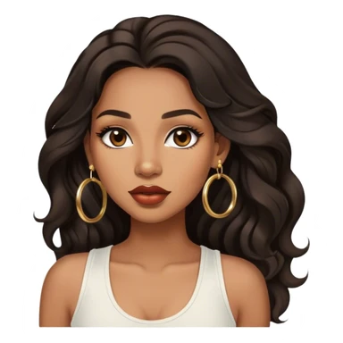 light brown skin tone, very beautiful woman, with big plump lips, long long lashes, black wavy long hair, brown eyes, white tank top, gold hoop earrings sticker