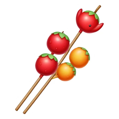Sugar coated Chinese haws fruits crispy red snack, simplified emoji style with bold outlines and bright colors, cartoon style bingtang hulu on stick sticker