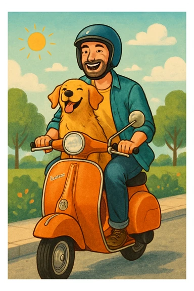 man and his pet dog riding a vespa sticker