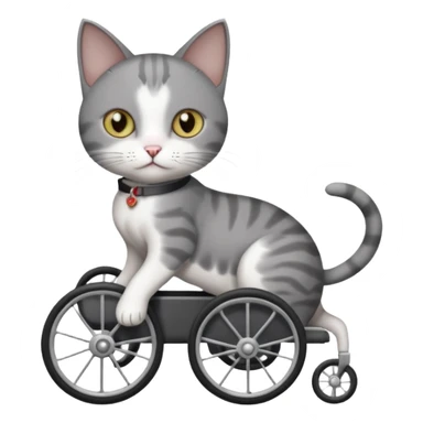 full body small short hair dark grey and white cat with hazel eyes walking in a wheelchair for cats sticker