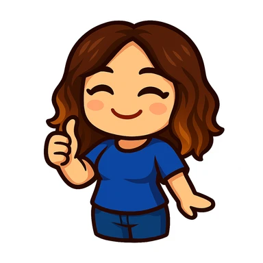 Create a chibi emote of a woman from the reference wearing a blue t-shirt and jeans, giving thumbs up, no headband, no wand, matching the attached green heart emote as a base, transparent background sticker