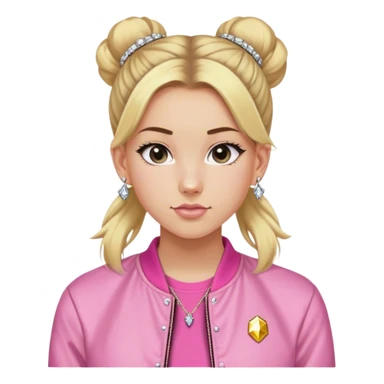 High school white girl with long blonde hair hair tied into a bun. Wearing a pink tee shirt with a bomber jacket and diamond stud earrings. She’s also wearing a short, dainty and girly (maybe 16”) gold chain sticker