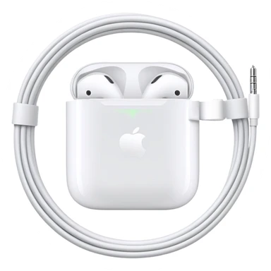 Just white wired Apple EarPods coiled in a circle, no case whatsoever, only the earbuds with the cord wrapped into a neat circle, minimalist iOS style, showing the earbuds and wire only sticker