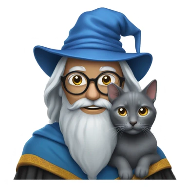 A wizard wearing glasses holding a Russian Blue cat. sticker