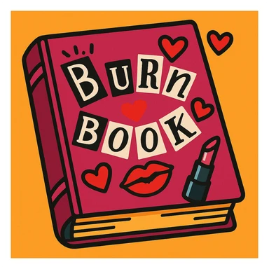 cartoonish burn book with a burgundy cover, inspired by Mean Girls, featuring hearts and lipstick marks sticker