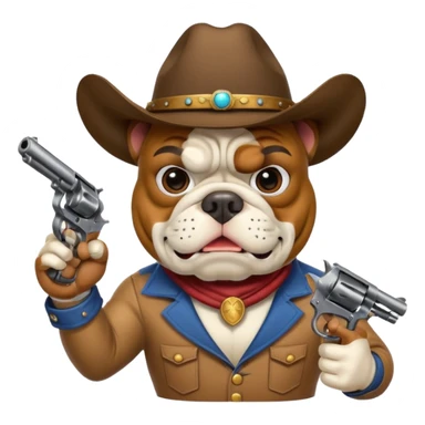 A bulldog wearing a cowboy hat, wearing a mask, pointing a revolver at you and telling you to hand over your money. sticker