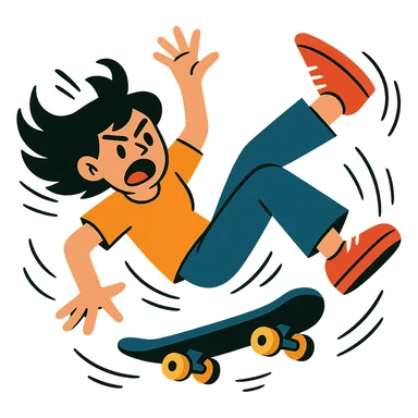 black-haired girl tumbling off a skateboard, dramatic motion, comic style, exaggerated movement sticker