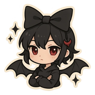 devil bow, chibi style, matte black, sharp edges, small red horn charm, modern dark aesthetic, bat wings, sparkles sticker