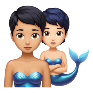 tanned skin, black haired, sibling mermaids, one with short hair and the other with pixie cut  sticker
