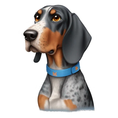 Blue tick coonhound wearing university Tennessee orange sticker