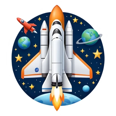 An icon featuring a space shuttle and an airplane against a starry sky, symbolizing aerospace technology. The design includes rocket boosters and satellite orbits, representing the exploration of space and advanced aviation. Transparent background sticker