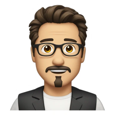 Man with black round frame glasses with Tony Stark hair style wearing white shirt with no moustache and beard sticker