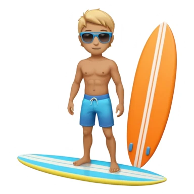 cute male surfer riding a wave, wearing shorts, sunglasses, holding balance, colorful surfboard, 3D cartoon, mobile game icon, clean background, no text sticker