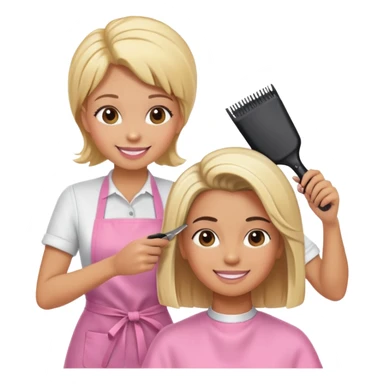 smiling woman in pink apron getting a haircut from a smiling female hairstylist sticker