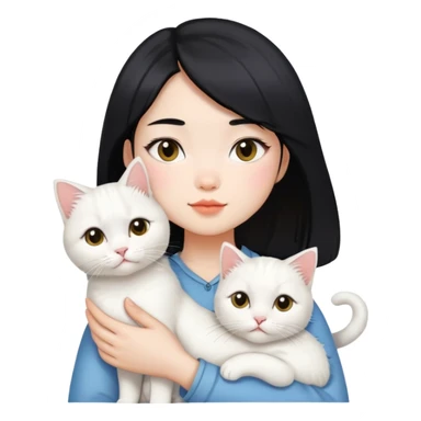 Short black hair Chinese girl holding two white longhair cat sticker