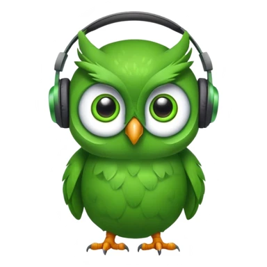 green pea wearing headphones in the style of the duolingo owl mascot with big eyes sticker