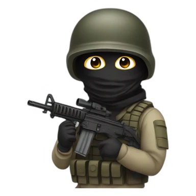 A soldier with a machine gun and wearing a black mask sticker