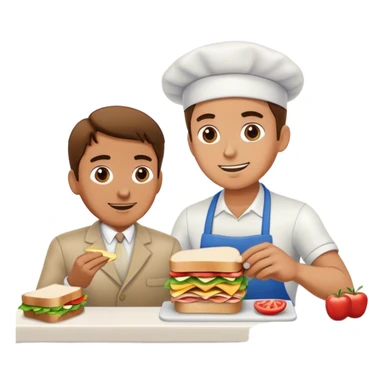 Man making a sandwich on a counter in front of a customer  sticker