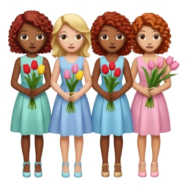 5 girls at a garden party wearing pastel dresses and holding tulips, one is black, one is blond, one has brown hair, one has red hair, one is mixed with curly hair sticker