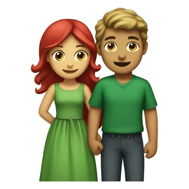 Crete an emoji a couple (boy with green dress, girl with red dress) hugging each other. Boy green dress, girl red dress  sticker