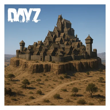 A small hilltop mesa city in the videogame dayz, screensot, based on whiterun sticker