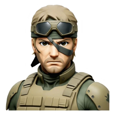 Cinematic Realistic Metal Gear Solid Snake Soldier Portrait, head tilted epicly and inquisitively, showcasing a commanding presence and tactical acumen. His weathered face, intense eyes, and meticulously rendered combat gear in muted earth tones are brought to life with lifelike clarity and dramatic lighting, high shine, epic and awe-inspiring, embodying the covert prowess of a true warrior of the shadows. sticker