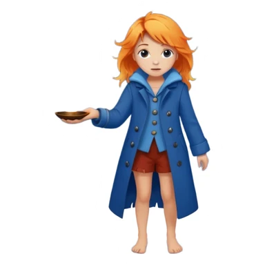 A barefoot girl in a tattered blue coat, cupping a tiny flame gently while snowflakes fall on her hair.
 sticker