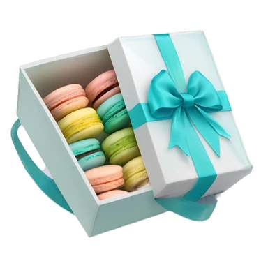 Realistic transparent plastic box with a tiffand blue ribbon and bow around the box and pastel macarons inside of it. sticker